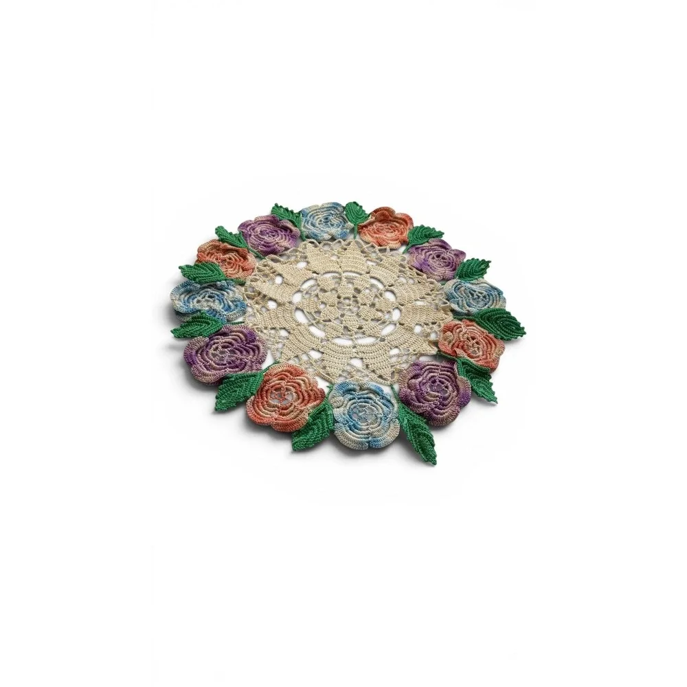 Handmade Crochet Rose Posy Doily 12 Inch Floral Centerpiece Decor